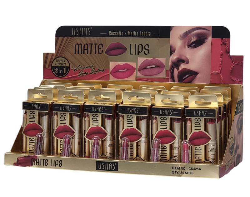 BRILLO LABIAL Y LAPIZ DELINEADOR DE LABIOS MATTE RESISTENTE AL AGUA LARGA DURACION 6 TONOS, USHAS 3.8G, 0.8G