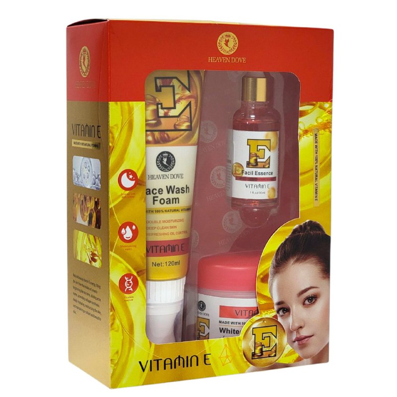 SET DE CUIDADO FACIAL DE 3 PIEZAS DE VITAMINA E, ILUMINA EL TONO DE LA PIEL, DISMINUYE EL ACNE, HIDRATA PROFUNDAMENTE LA PIEL ESPUMA FACIAL 120G, SUERO FACIAL 30ML, CREMA BLANQUEADORA 120G HEAVEN DOVE