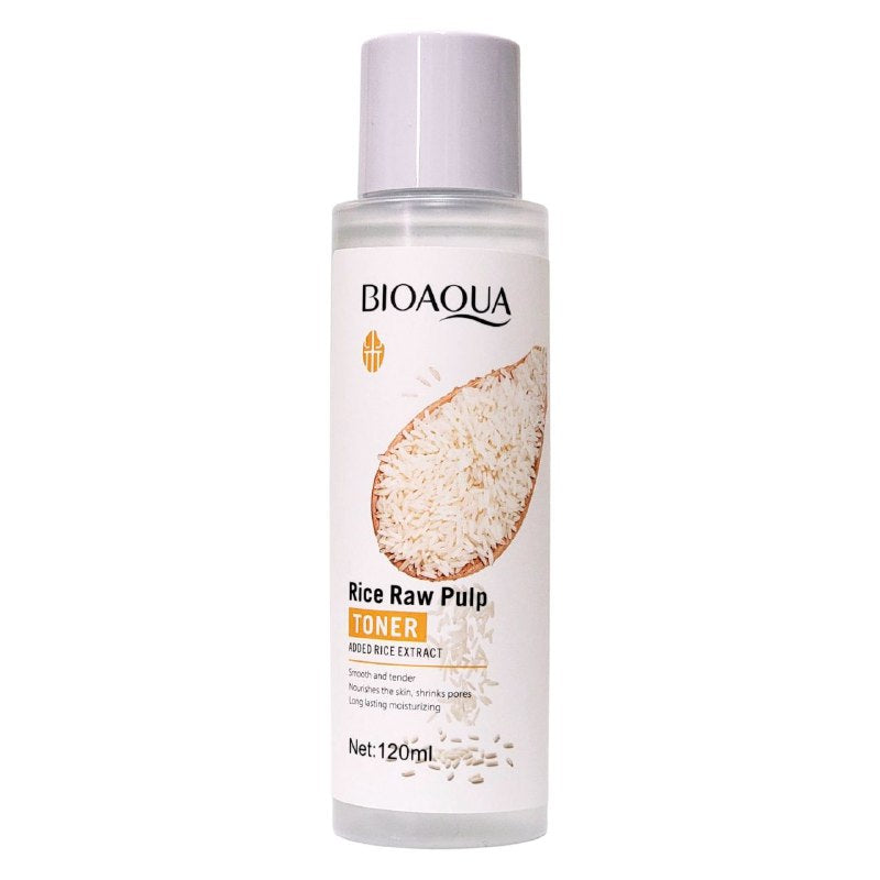 TONICO FACIAL DE PULPA CRUDA DE AROZ, INGREDIENTES QUE CUIDAN LA PIEL COMO ARROZ, TEXTURA CLARA E HIDRATANTE, DEJA LA PIEL SUAVE, RADIANTE Y FLEXIBLE BIOAQUA 120ML