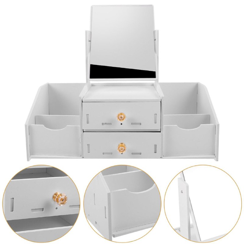 ORGANIZADOR ESTANTE DE COSMETICOS COLOR BLANCO CON ESPEJO DOBLE CAJON 35X16X28CM