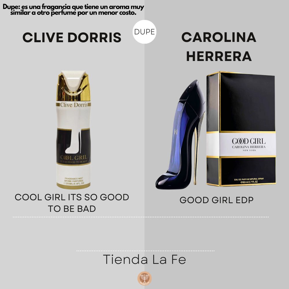 SPRAY PERFUMADO CONCENTRADO COOL GIRL ITS SO GOOD TO BE BAD CLIVE DORRIS 250ML (M)(DUPE DE CAROLINA HERRERA GOOD GIRL EDP 80ML)