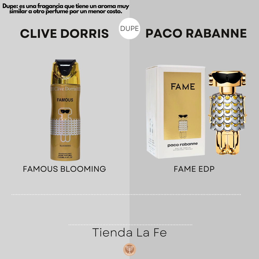 SPRAY PERFUMADO CONCENTRADO CLIVE DORRIS FAMOUS BLOOMING 250ML (M)(DUPE DE PACO RABANNE FAME EDP 80ML)