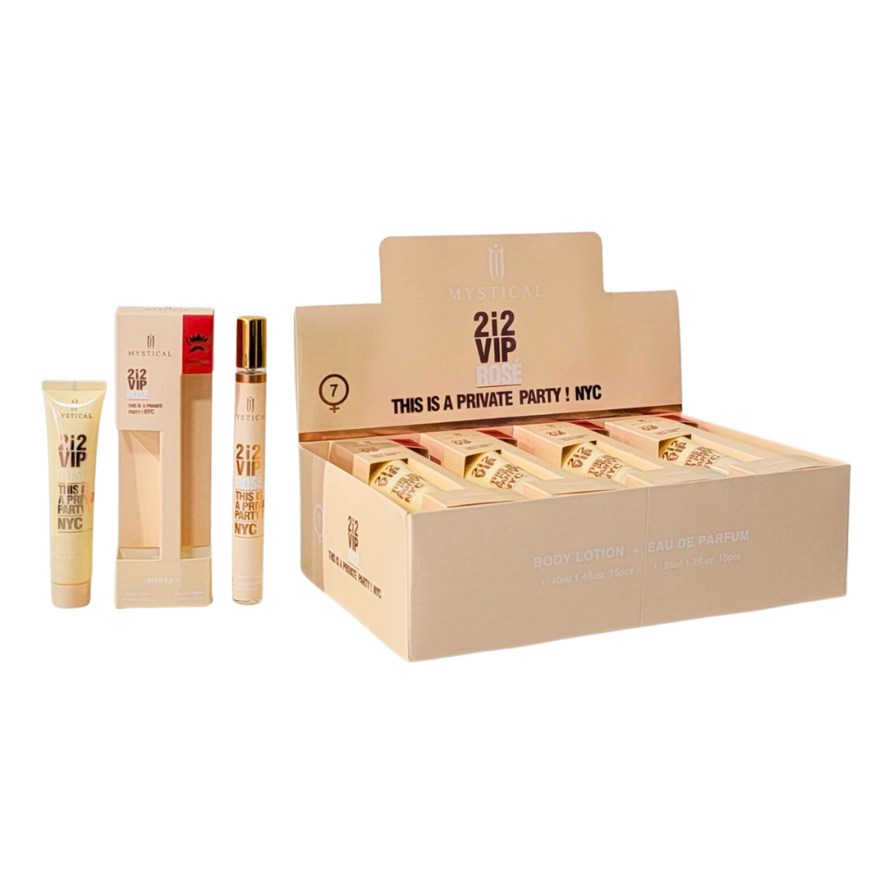 SET PERFUME EN TUBO PARA DAMA MYSTICAL 2i2 VIP ROSE THIS IS A PRIVATE PARTY 7 NYC EDP 35ML, BODY LOTION 40ML (M)