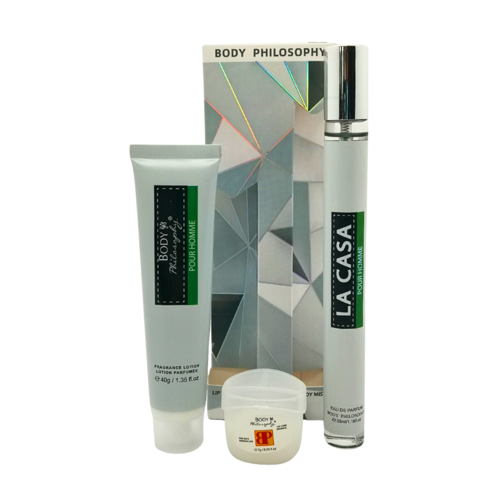 SET PERFUME EN TUBO PARA HOMBRE BODY PHILOSOPHY LA CASA POUR HOMME EDP 35ML, BODY LOTION 40G, VASELINA 7G (H)