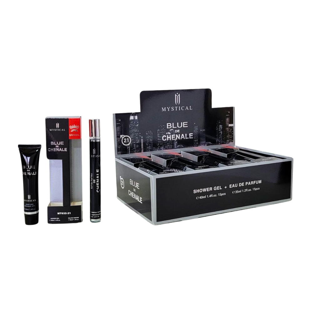 SET PERFUME EN TUBO PARA HOMBRE MYSTICAL BLUE DE CHENALE 21 EDP 35ML, SHOWER GEL 40ML (H)