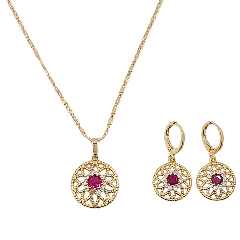 SET DE ENCHAPE CON FORMA DE FLOR CIRCON ROJO