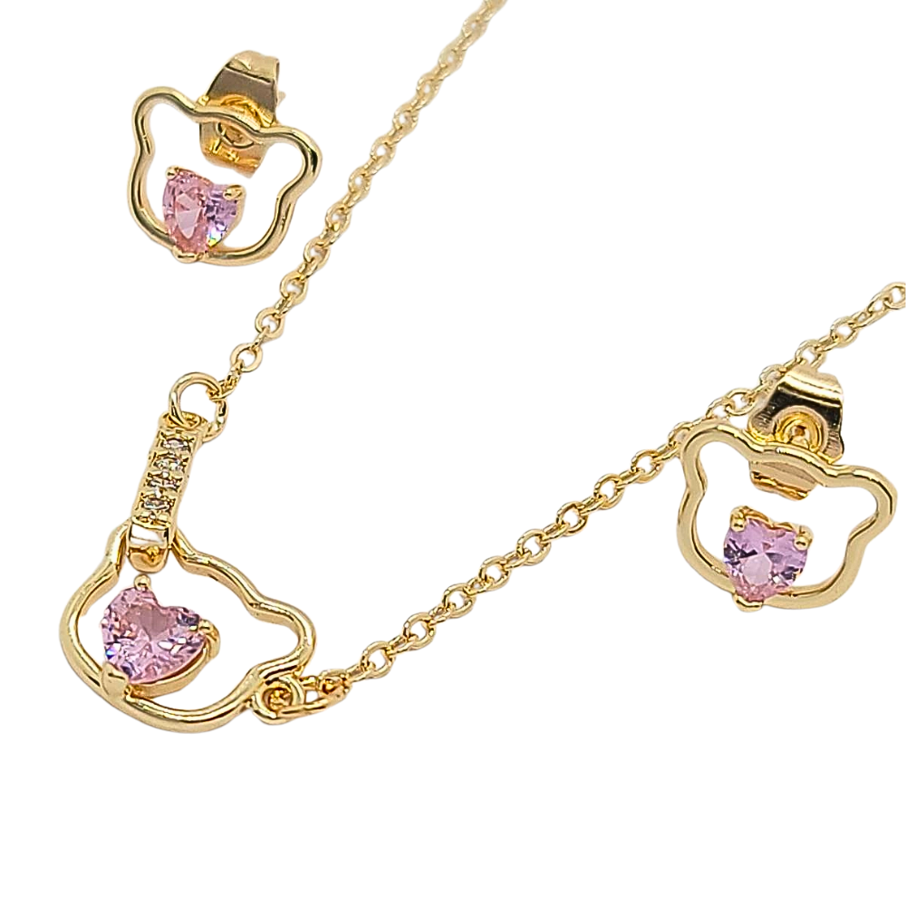 SET DE ENCHAPE CON FORMA DE GATO CON CIRCON ROSA