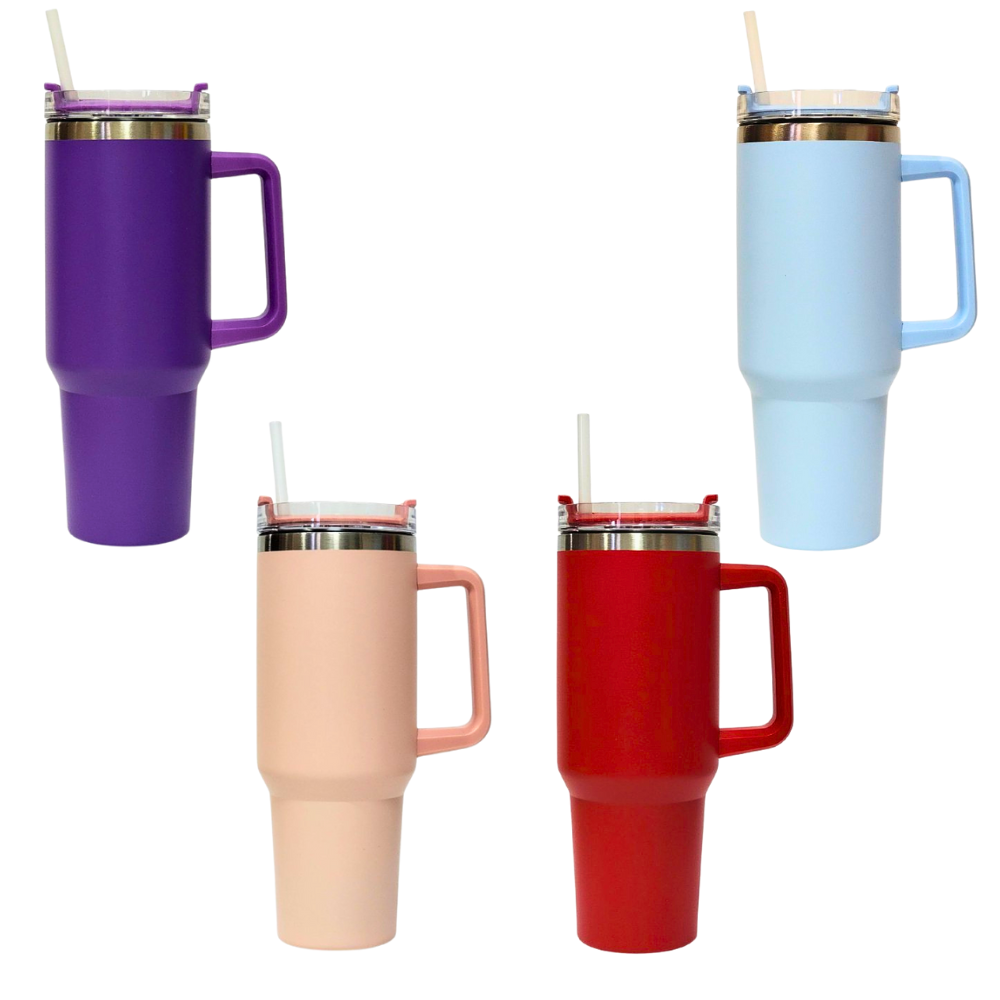 VASO TERMICO DE ACERO INOXIDABLE DOBLE PARED AL VACIO, 4 COLORES CON ASA Y PAJILLA 40OZ