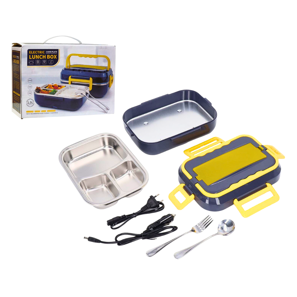 LONCHERA ELECTRICAM PLACA DE 3 REJILLAS DE ACERO INOXIDABLE DE GRADO ALIMENTARIO, CON CUCHARA Y TENEDOR, RESISTENTE AL CALOR, CORRIENTE 110V Y CARGADOR CENIZERO DE AUTO ELECTRIC LUNCH BOX 1.5L