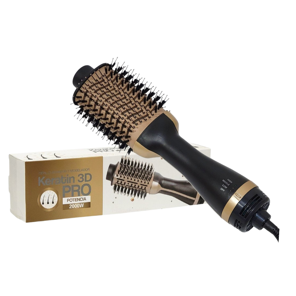 CEPILLO SECADOR Y MOLDEADOR DE KERATIN 3D PRO, POTENCIA 2000W PARA CABELLOS SECOS Y HUMEDOS, REVESTIMIENTO CERAMICO, AJUSTE DE TEMPERATURA, CABLE GIRATORIO 360