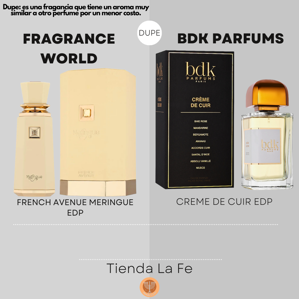 FRAGRANCE WORLD FRENCH AVENUE MERINGUE EDP 100ML (M) (DUPE BDK PARFUMS CREME DE CUIR EDP)