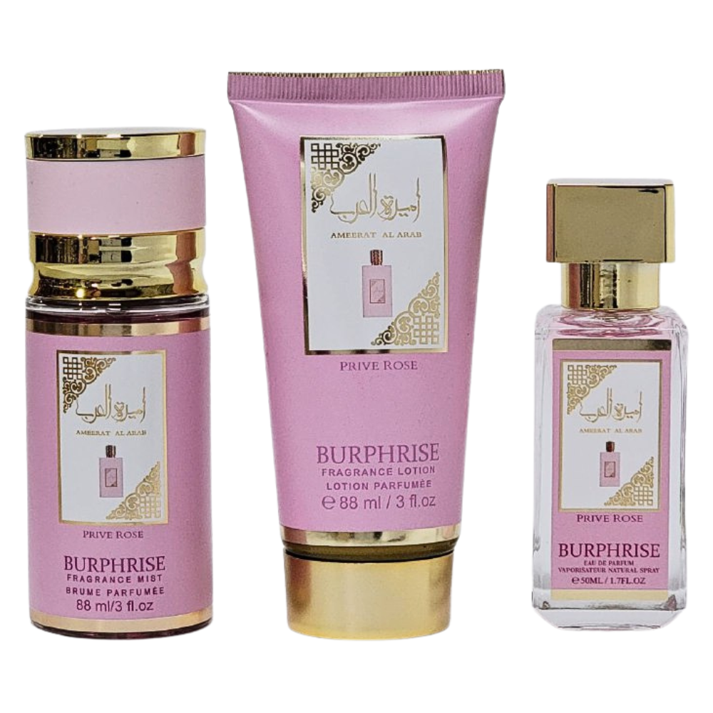 SET BURPHRISE AMEERAT AL ARAB PRIVE ROSE EDP 50ML, SPLASH 75ML, BODY LOTION 88ML (M)
