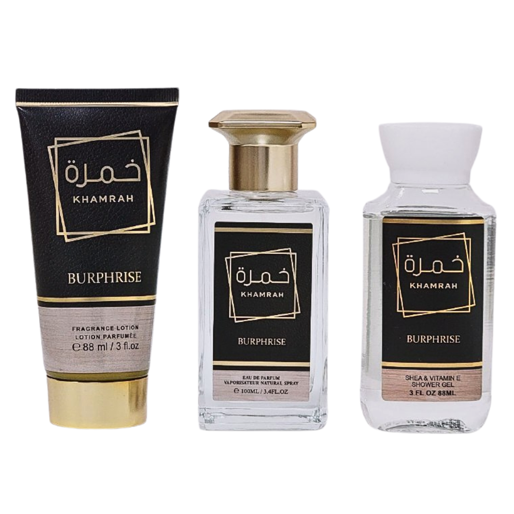 SET BURPHRISE KHAMRAH EDP 100ML GEL DE DUCHA 88ML CREMA CORPORAL 88ML (H) (AROMA SIMILAR A LATTAFA KHAMRAH)