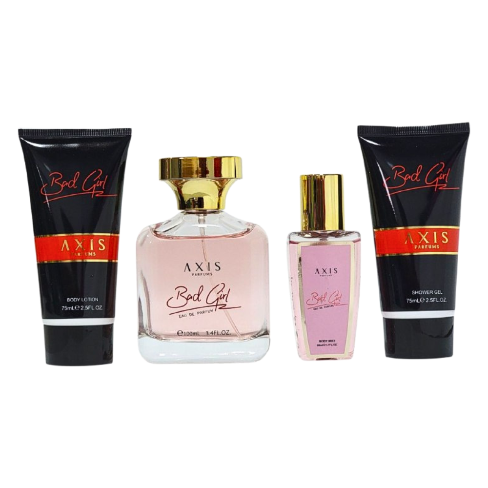 SET BAD GIRL AXIS PARFUMS EDP 100ML, BODT LOTION 75ML, SPLASH 50ML, SHOWER GEL 75ML (M) (AROMA SIMILAR CAROLINA HERRERA GOOD GIRL VERY)