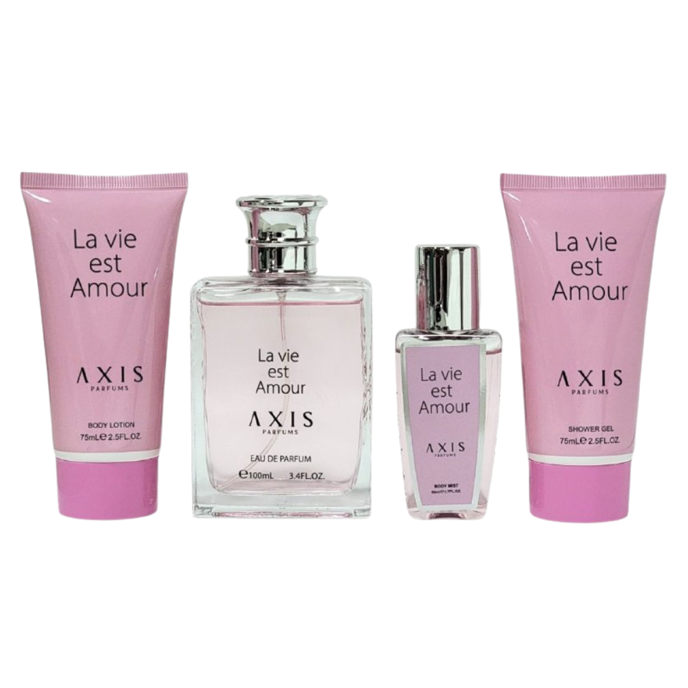 SET LA VIE EST AMOUR AXIS PARFUMS EDP 100ML, BODY LOTION 75ML, SPLASH 100ML, SHOWER GEL 75ML (M) (AROMA SIMILAR LANCOME LA VIE EST BELLE)