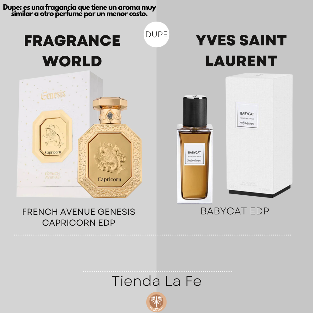 FRAGRANCE WORLD FRENCH AVENUE GENESIS CAPRICORN EDP 90ML (U) (DUPE YVES SAINT LAURENT BABYCAT EDP)