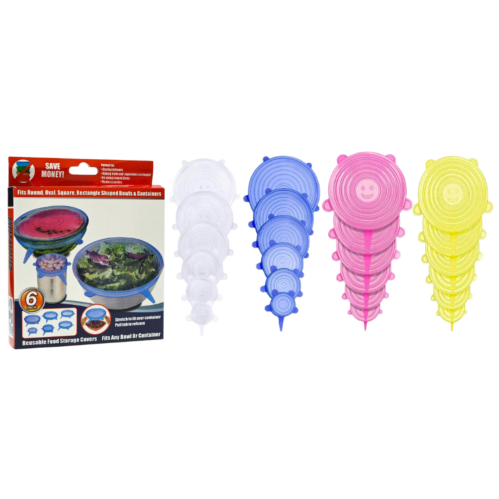 TAPADERAS DE SILICONA EN SET DE 6 PIEZAS REUTILIZABLES, SE ADAPTAN A CUALQUIER RECIPIENTE Y LO SELLAN PERFECTAMENTE 4 COLORES