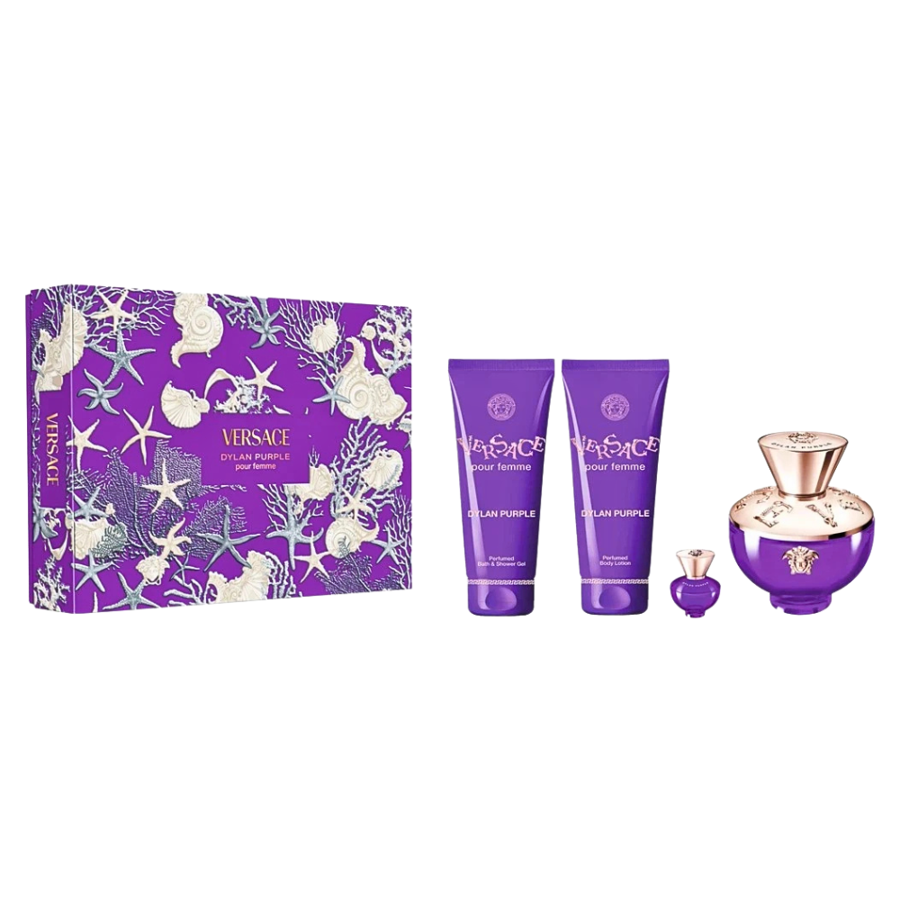 SET VERSACE DYLAN PURPLE EDP 100ML, EDP 5ML, SHOWER GEL 100ML, BODY LOTION 100ML (M)