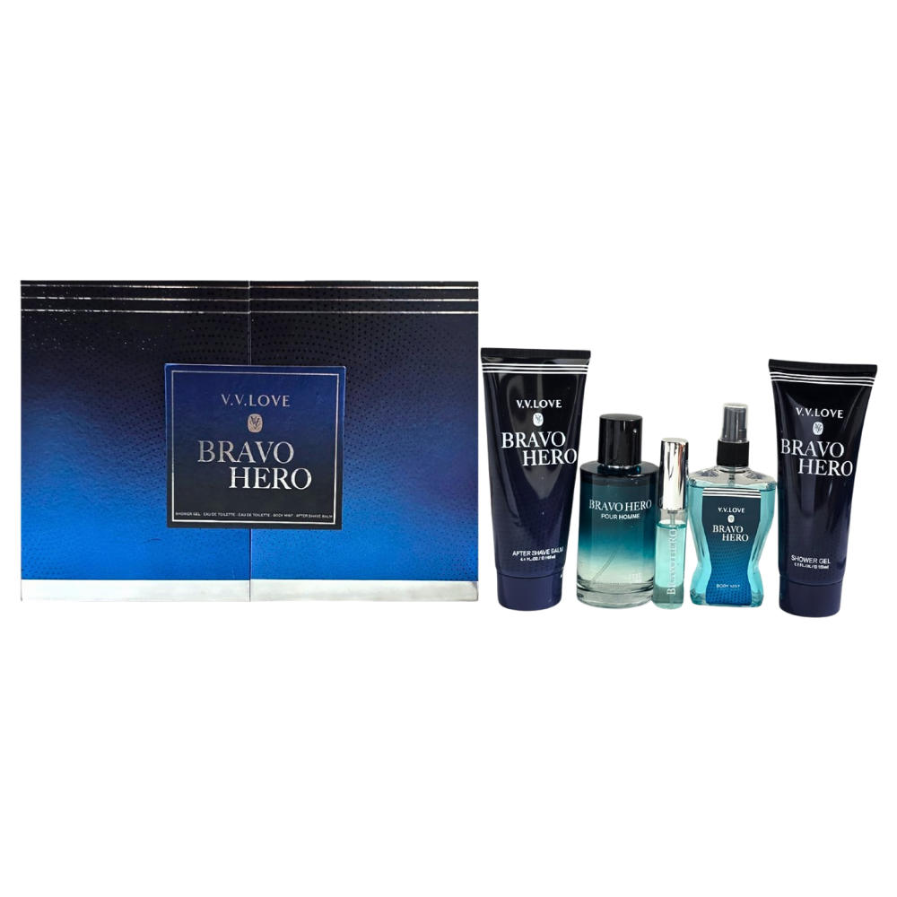 SET VV LOVE BRAVO HERO EDP 100ML, EDP 10ML, BODY LOTION 150ML, SHOWER GEL 150ML, SPLASH 100ML (H)