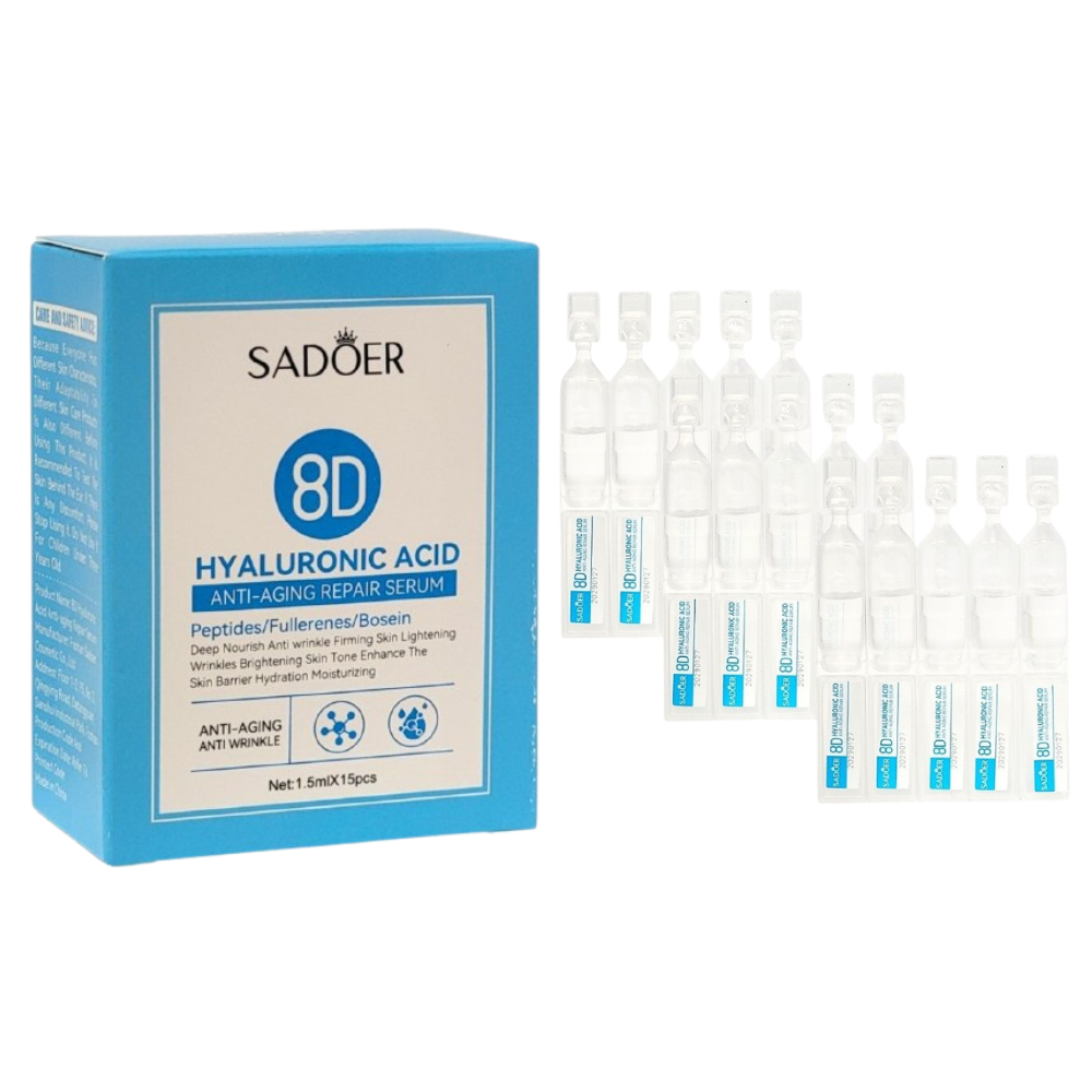 SUERO FACIAL EN AMPOLLAS DE ACIDO HIALURONICO HIDRATANTES Y REPARADORAS DE ARRUGAS SADOER 1.5MLX15UND
