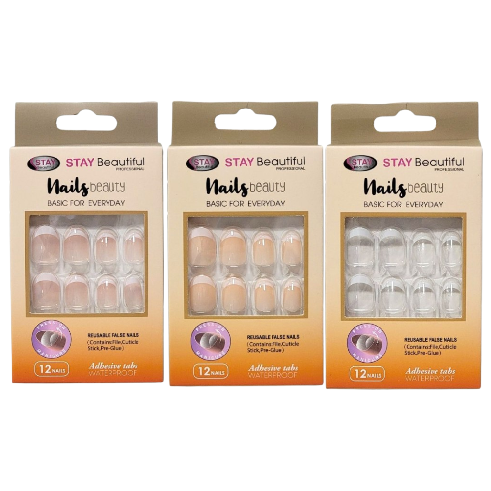 UÑAS POSTIZAS REUTILIZABLES CON DISEÑOS CLASICOS DE USO DIARIO STAY BEAUTIFUL 12PCS