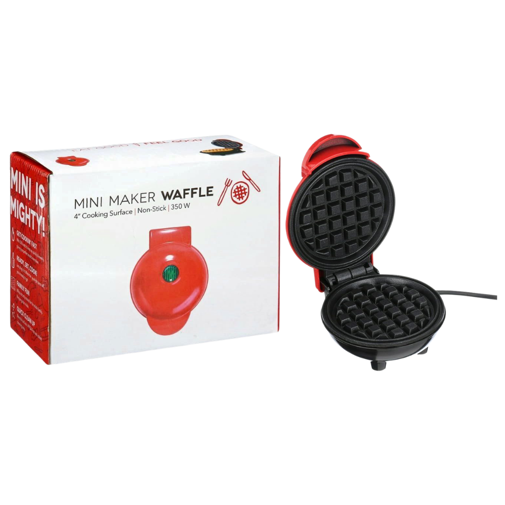 MAQUINA MINI WAFFLERA ELECTRICA CON SUPERFICIE ANTIADHERENTE DE 10CM Y 350W DE POTENCIA