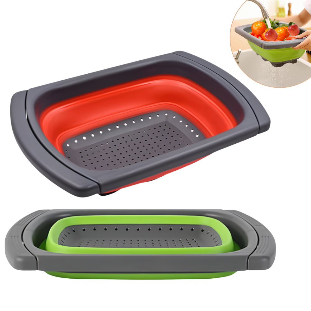 CANASTA COLADOR PLEGABLE DE SILICONA CON ASA PARA ALIMENTOS