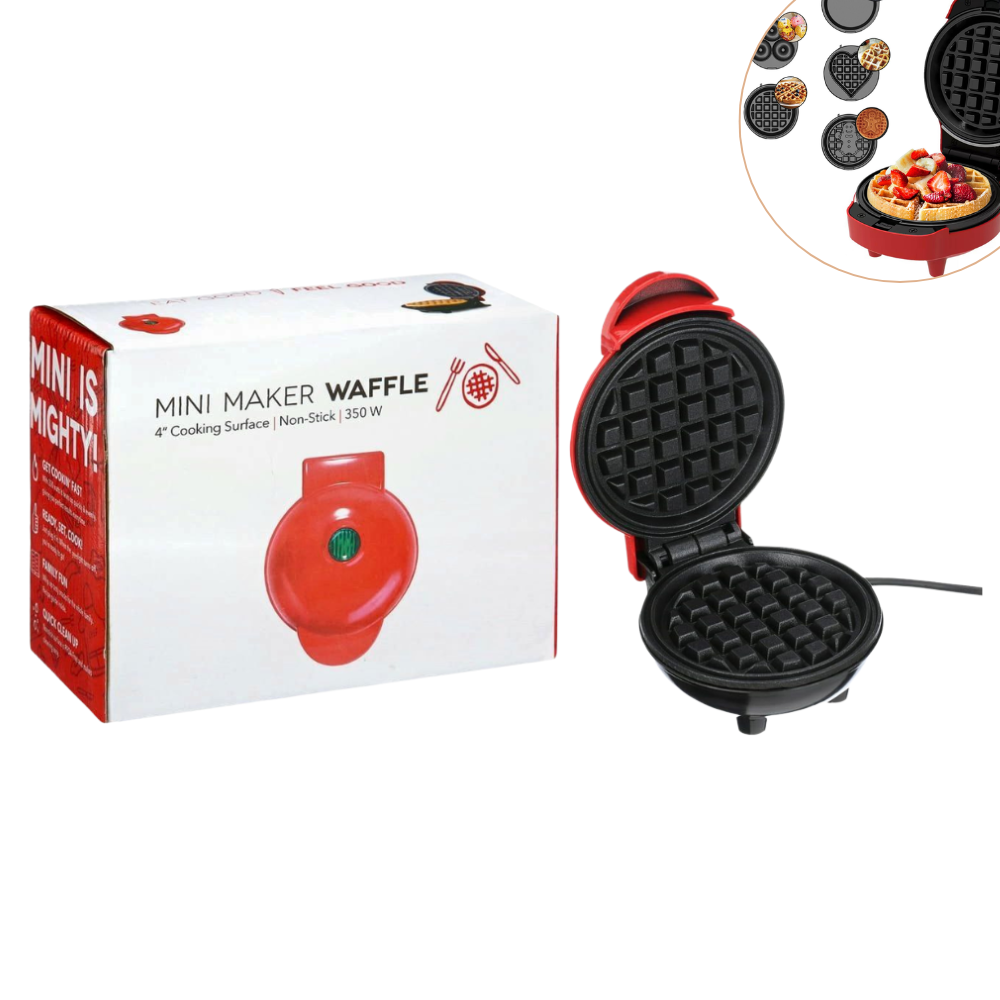 MAQUINA MINI WAFFLERA ELECTRICA CON SUPERFICIE ANTIADHERENTE DE 10CM Y 350W DE POTENCIA
