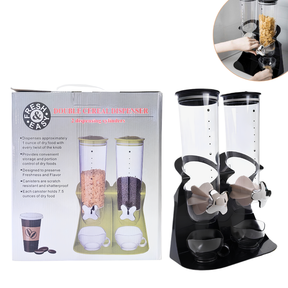 RECIPIENTE DISPENSADOR ALMACENADOR DOBLE DE ALIMENTOS SECOS Y CEREALES DE 221ML DE CAPACIDAD POR RECIPIENTE