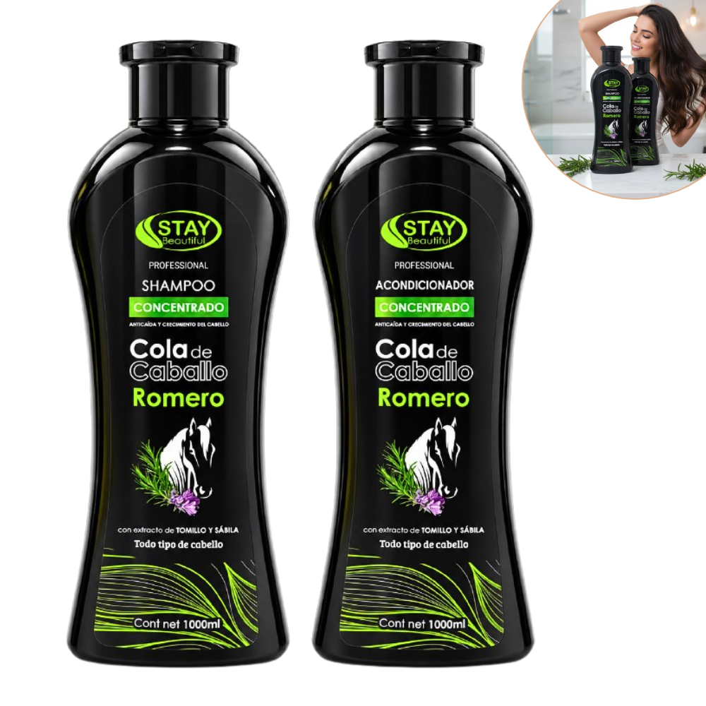 SET DE SHAMPOO Y ACONDICIONADOR DE COLA DE CABALLO Y ROMERO ANTICAIDA Y ESTIMLULANTE DEL CRECIMIENTO STAY BEAUTIFUL 1000MLX2