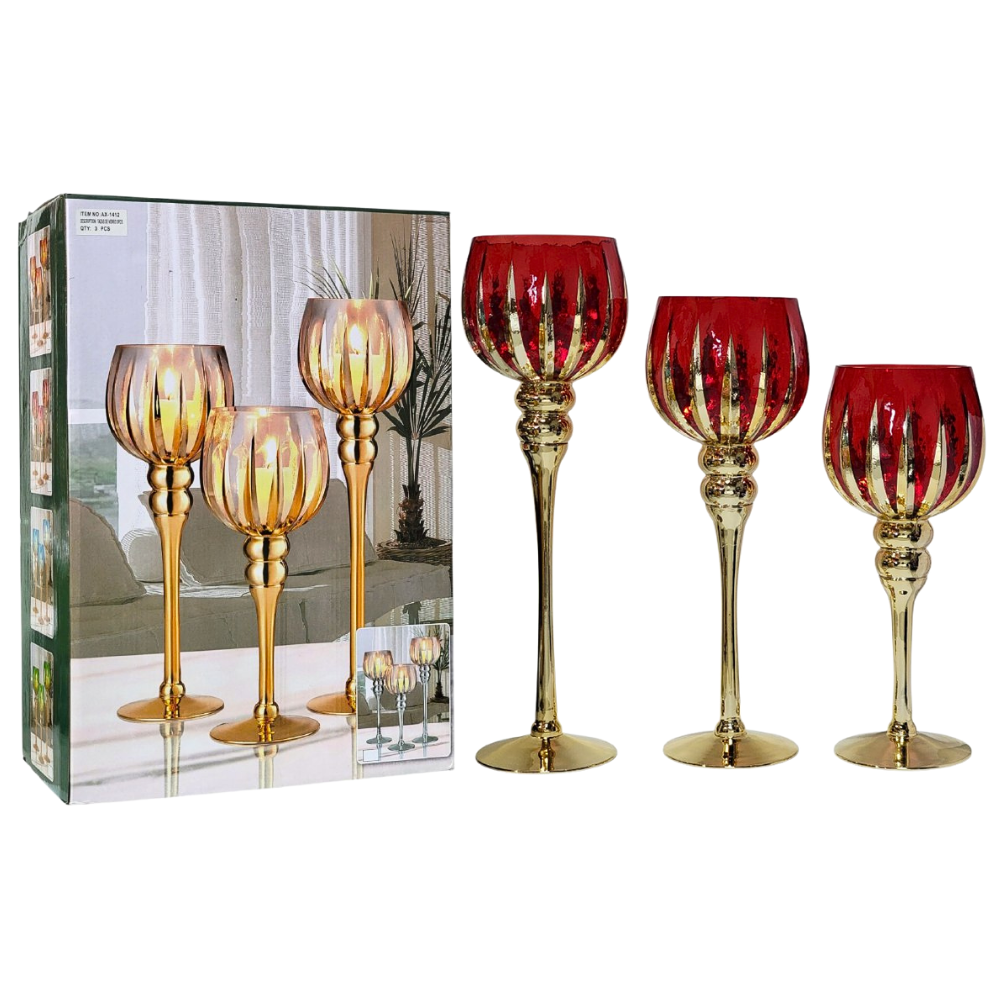 DECORACION CANDELERO EN SET DE 3 PIEZAS DE COPA CON TALLO DE CRISTAL ELEGANTE Y RESISTENTE 39CM, 35CM, 29CM