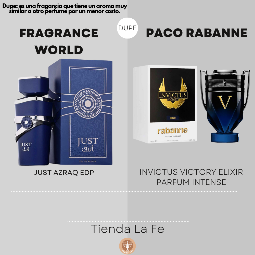 FRAGRANCE WORLD JUST AZRAQ EDP 100ML (H) (DUPE PACO RABANNE INVICTUS VICTORY ELIXIR PARFUM INTENSE)