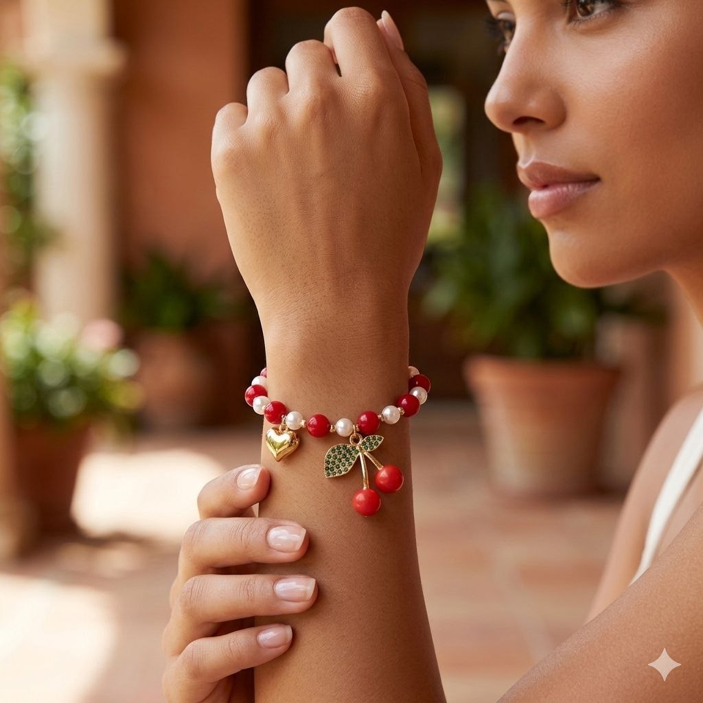 PULSERA DE ENCHAPE PARA DAMA CON DISEÑO DE CEREZA CORAZON Y PERLAS
