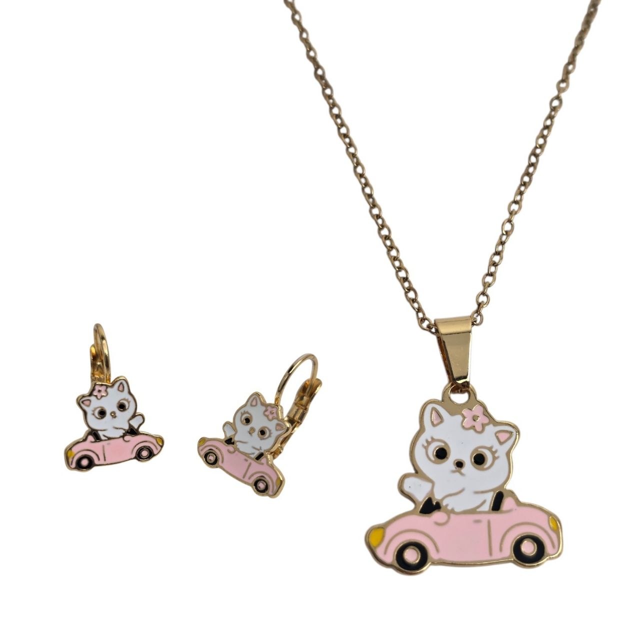 SET DE ENCHAPE PARA DAMA DE GATITO EN CARRO ROSA