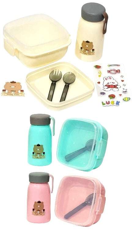 LONCHERA EN KIT CON CUBIERTOS, BOTE Y STICKERS VARIOS ESTILOS
