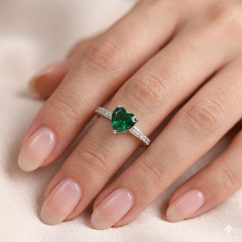 ANILLO PANDORA DE PLATA 9.25 CON CORAZON EN COLOR ESMERALDA PESO: 2.4G