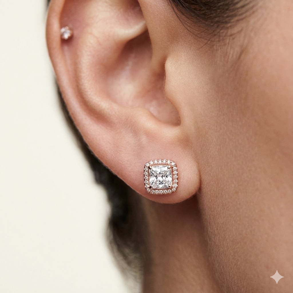 ARITOS PANDORA DE PLATA 9.25 FORMA CUADRADA COLOR ROSE GOLD 2.4G