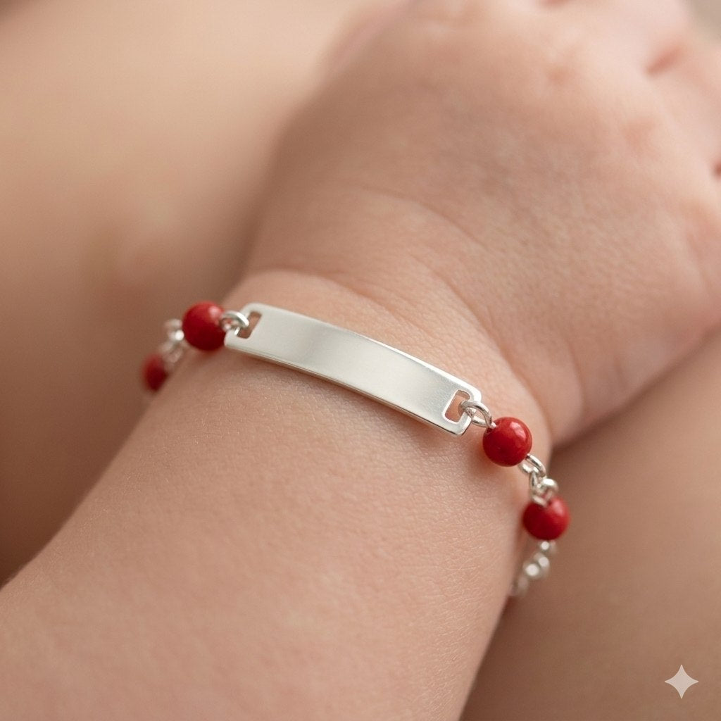 PULSERA DE PLATA 9.25 PARA BEBE CON PIEDRAS ROJAS 16CM PESO: 2.4G
