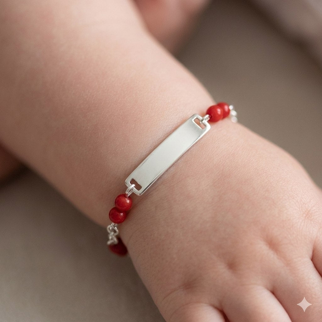 PULSERA DE PLATA 9.25 PARA BEBE CON PIEDRAS ROJAS 16CM PESO: 2.6G