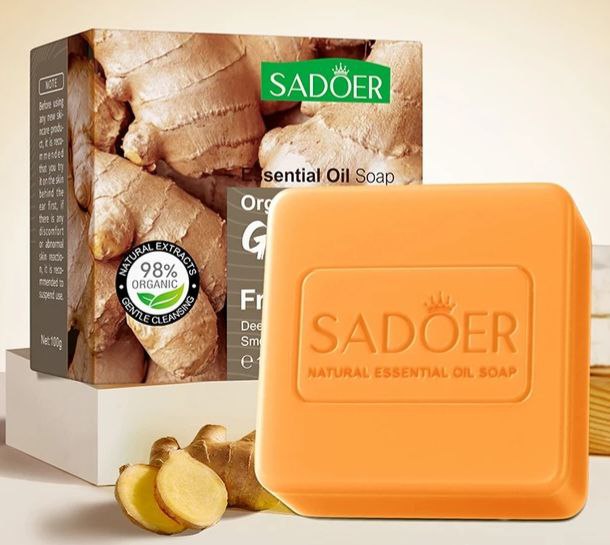 JABON CORPORAL EN BARRA DE JENGIBRE ORGANICO MULTIUSOS PARA TODO EL CUERPO, LIMPIEZA PROFUNDA DE IMPUREZAS, GRASA SADOER 100G