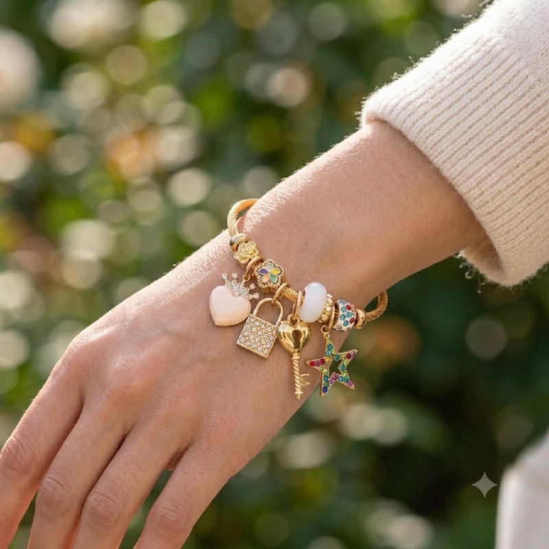 PULSERA DE ENCHAPE PARA DAMA CON DISEÑO DE ESTRELLA, CANDADO Y CORAZON