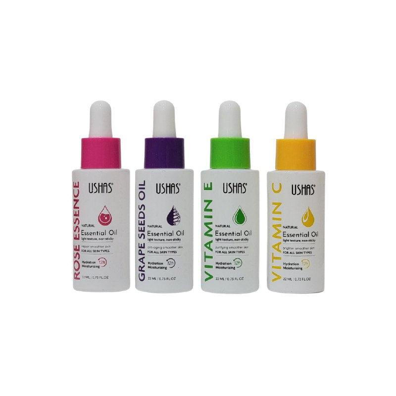 ACEITE FACIAL EN SET PARA EL CUIDADO DE LA PIEL, ESENCIA DE ROSA, SEMILLAS DE UVA, VITAMINA E, VITAMIAN C USHAS 22MLX4