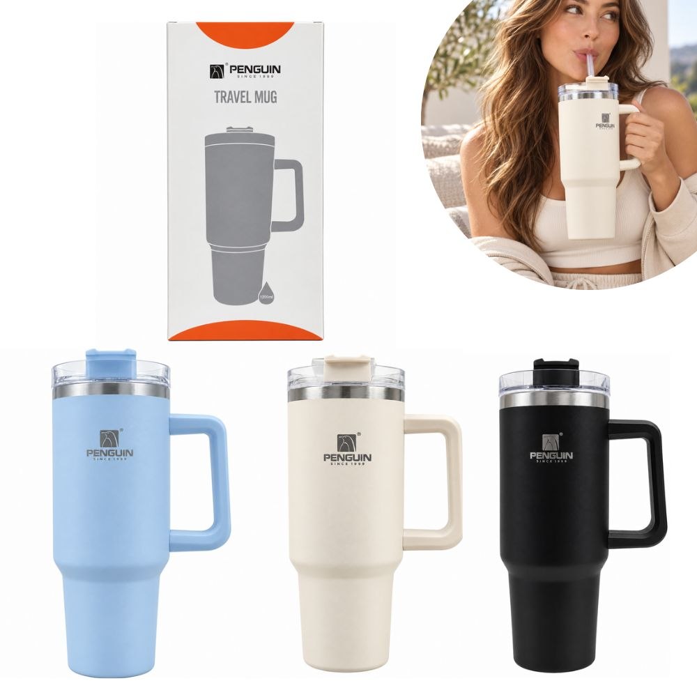 VASO TÉRMICO CON ASA Y PAJILLA PENGUIN 1200ML