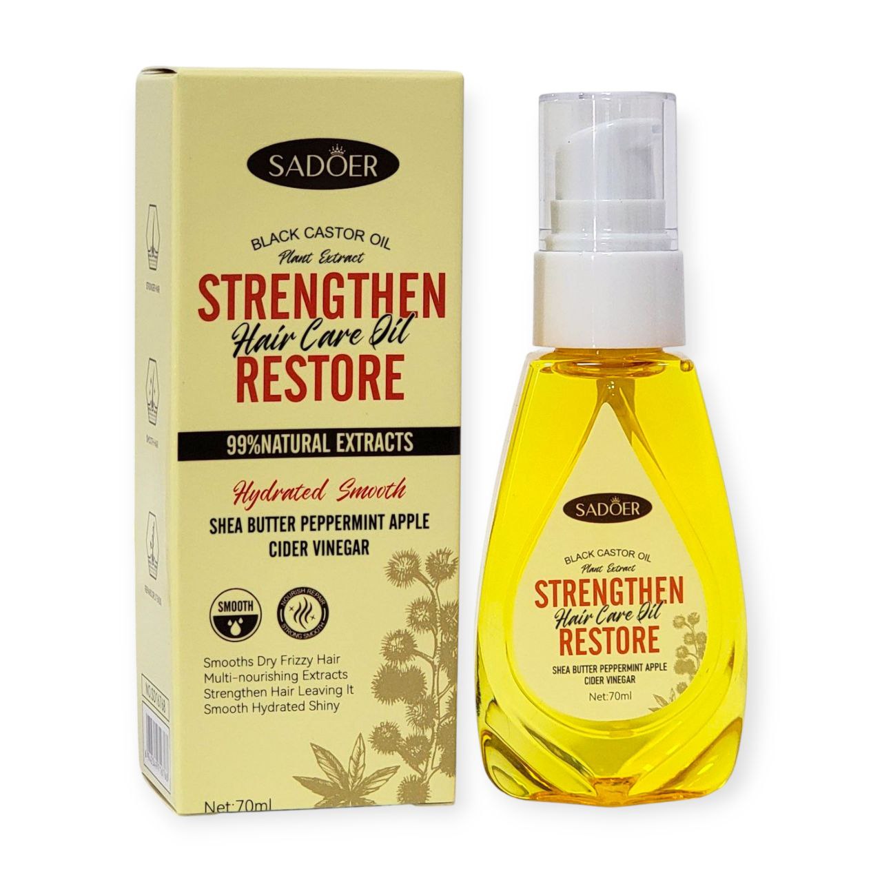 ACEITE PARA EL CABELLO FORTALECEDOR Y RESTAURADOR CON RICINO NEGRO MANTECA DE KARITE MENTA Y CIDRA DE MANZANA SADOER 70ML