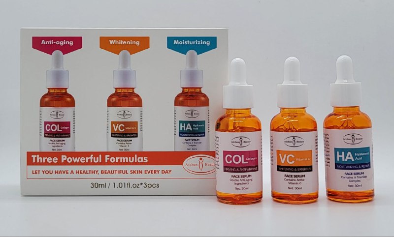 SET DE SUEROS FACIALES FORMULAS ANTIENVEJECIMIENTO CON COLAGENO BLANQUEADOR CON VITAMINA C E HIDRATANTE CON ACIDO HIALURONICO AICHUN BEAUTY 30MLX3