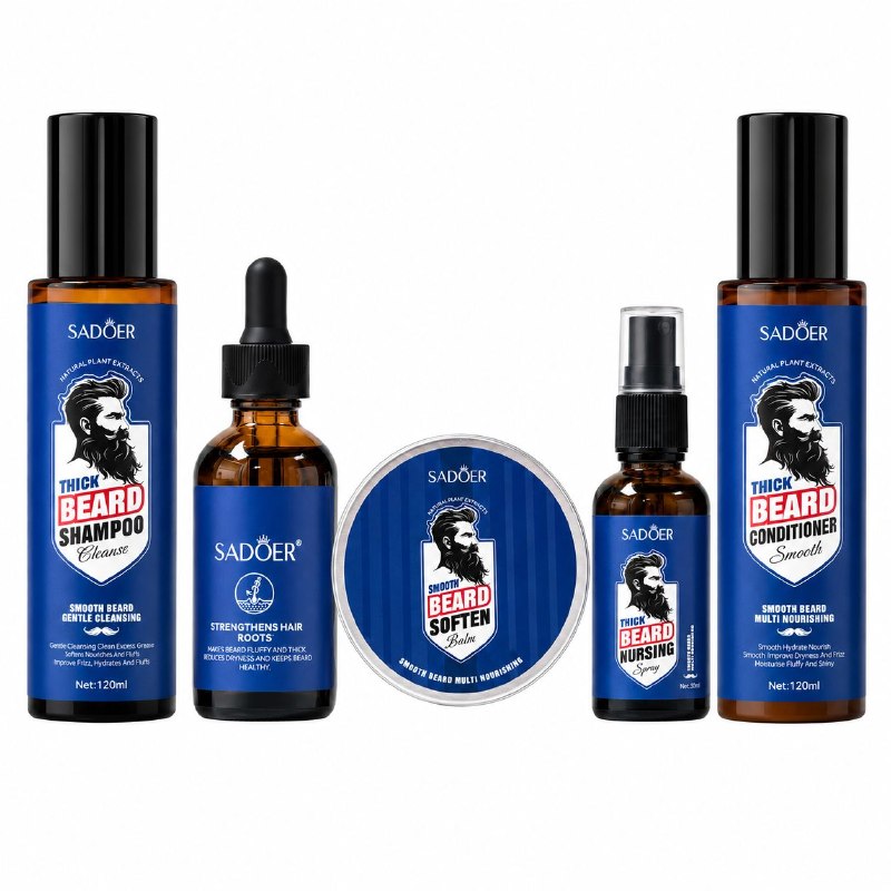 SET COMPLETO DE TRATAMIENTO, HIGIENE Y NUTRICIÓN DE ALTA DENSIDAD PARA LA BARBA SADOER PREMIUM BEARD CARE SYSTEM 5 PIEZAS