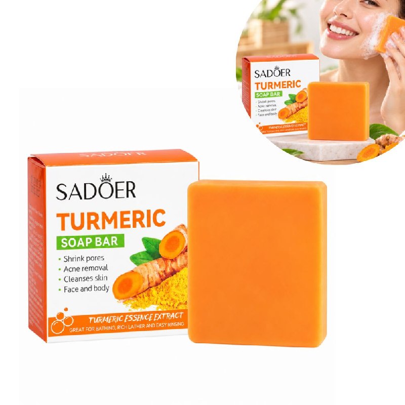 JABON EN BARRA FACIAL Y CORPORAL PARA LIMPIEZA PROFUNDA ANTI ACNE PURIFICANTE DE CURCUMA SADOER 100G