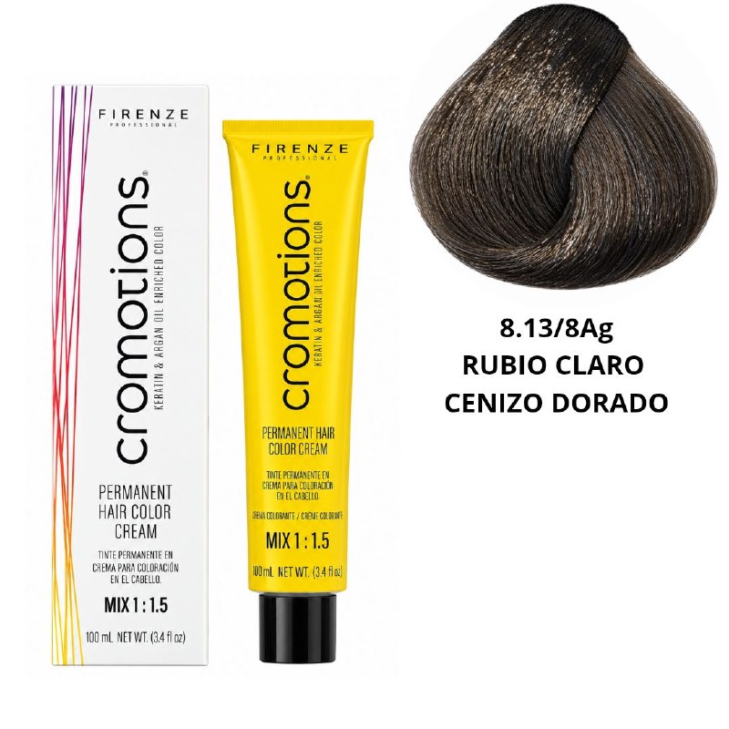 TINTE PERMANENTE PARA EL CABELLO EN CREMA RUBIO CLARO CENIZO DORADO 8.13/ 8AG FIRENZE 100ML