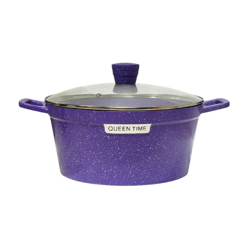 JUEGO DE COCINA, OLLAS DE COCINA DE 5 PIEZAS, CON ACABADO MORADO CON EFECTO GRANITO ELEGANTE Y TAPAS DE VIDRIO TEMPLADO QUEEN TIME