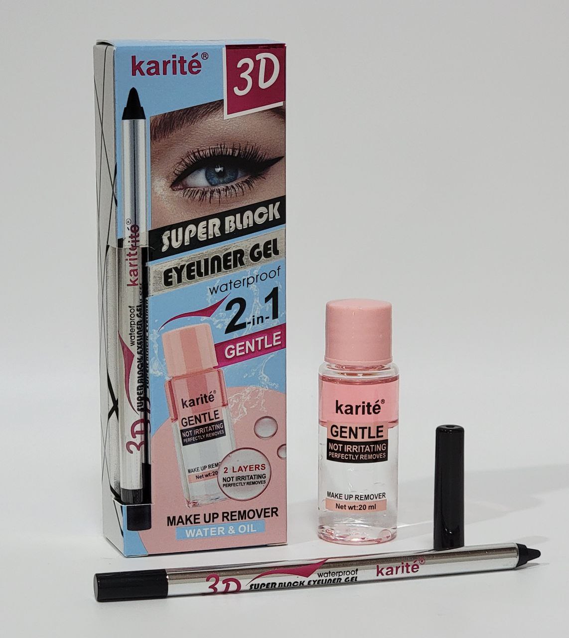 DELINEADOR DE OJOS EN GEL 2 EN 1 IMPERMEABLE Y DESMAQUILLANTE AGUA Y ACEITE NO IRRITANTE KARITE